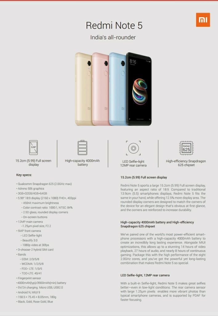 Все характеристики новых Xiaomi Redmi Note 5 и Note 5 Pro