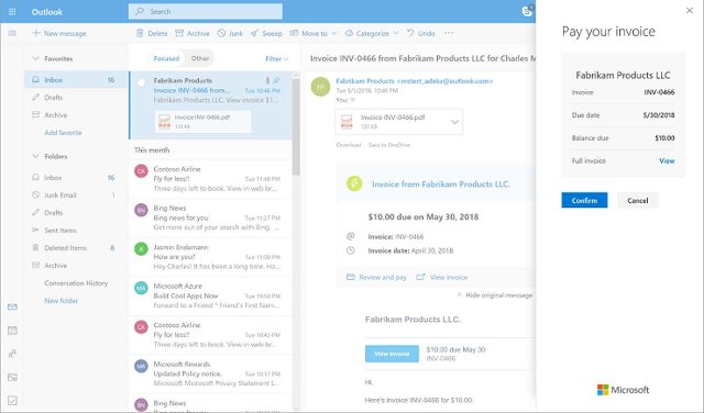 Microsoft вводит оплату счетов прямо через почтовый ящик Outlook